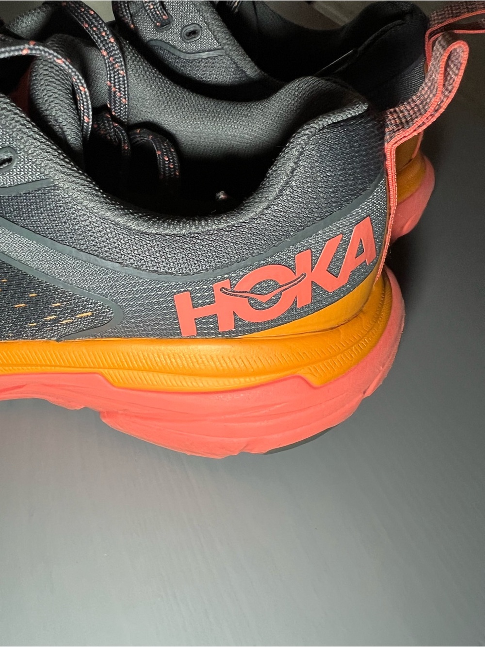 Hoka One One Grey & Orange Running Shoes, size 6.